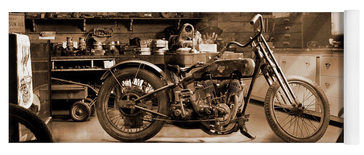 Motorcycle Yoga Mat featuring the photograph Inside the Old Motorcycle Shop 2 E S by Mike McGlothlen