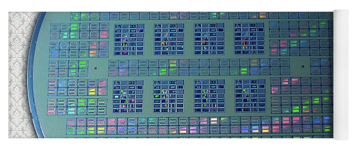 Intel Yoga Mat featuring the photograph Intel 4001 ROM CPU Silicon Wafer Chipset Integrated Circuit, Silicon Valley 1971 by Kathy Anselmo