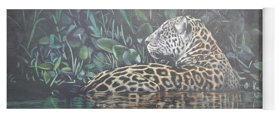Jaguar Yoga Mat featuring the painting Jaguar Crossing River by John Neeve