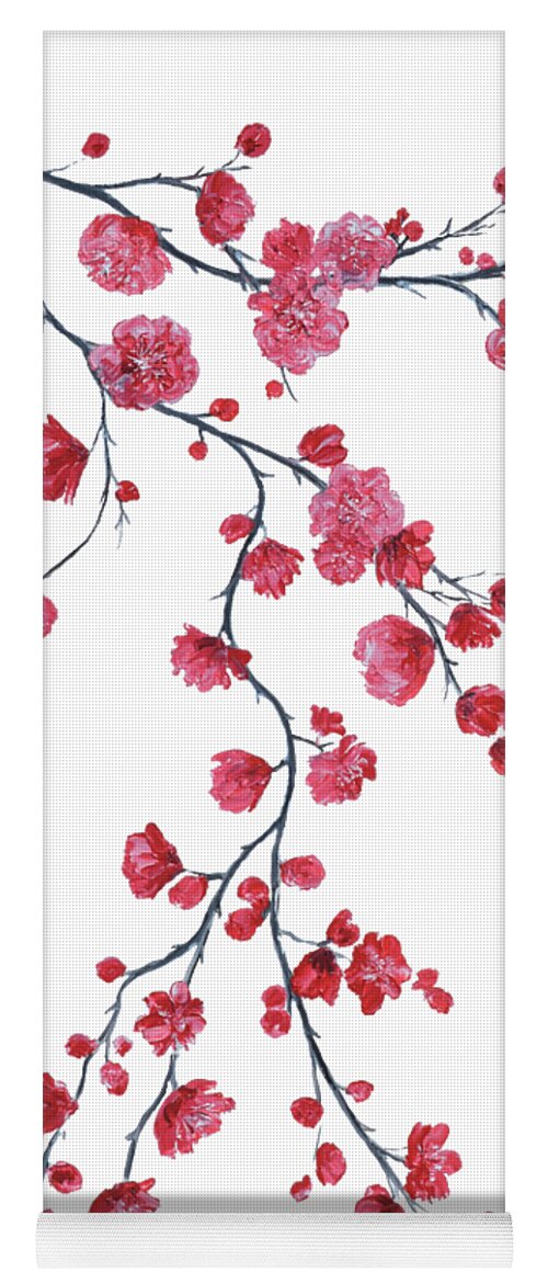 Cherry Blossom Yoga Mat featuring the painting Japanese cherry blossom branch by Jan Matson