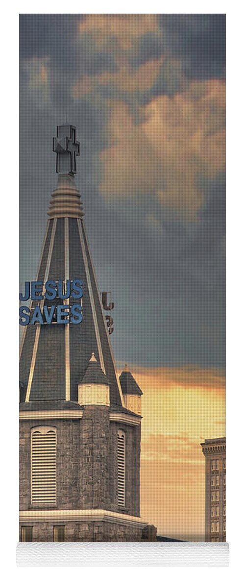 Jesus Saves Yoga Mat featuring the photograph Jesus Saves Church Steeple by Andrea Anderegg