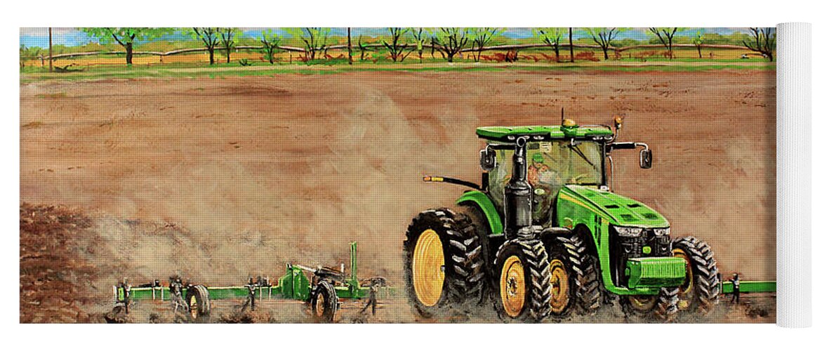 Farming Yoga Mat featuring the painting John Deere 8345R Tractor Pulling a Cultivator by Karl Wagner
