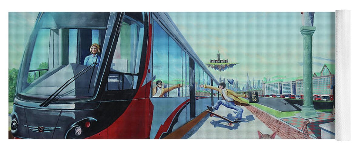 Train Yoga Mat featuring the painting Johnny on the Monorail by Michael Goguen