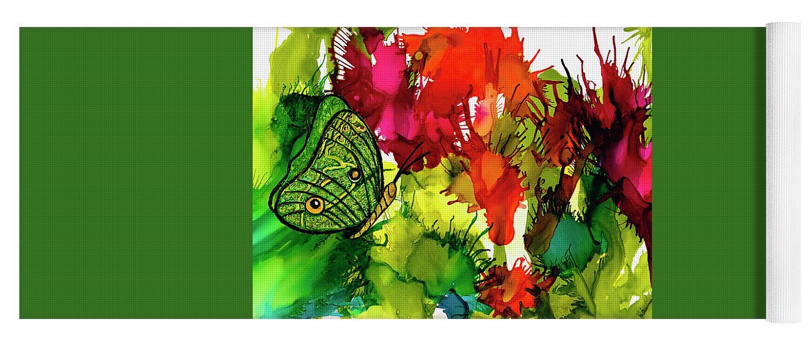 Abstract Yoga Mat featuring the painting Joyful Explosion Colorful Flowers and Butterfly Alcohol Ink by Deborah League