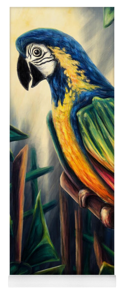 Bird Yoga Mat featuring the painting Jungle parrot painting, colorful macaw by Nadia CHEVREL