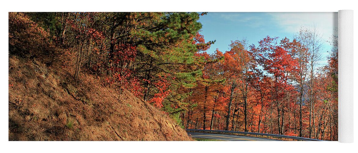 Fine Art; Fine Art Photography; North Carolina; Blue Ridge Parkway; Mountains; Country Road; Fall; Autumn; Fall Foliage; Scenic Drives; Colorful Landscapes; Leaf Peeping; Overlooks Hiking Trails; Wildlife Spotting; Crips Air; Harvest Festivals; Appalachain Culture; Camping Picnicking; Waterfalls; Mountain Biking; Roadside Markets. Yoga Mat featuring the photograph Just Around The Bend by Robert Harris