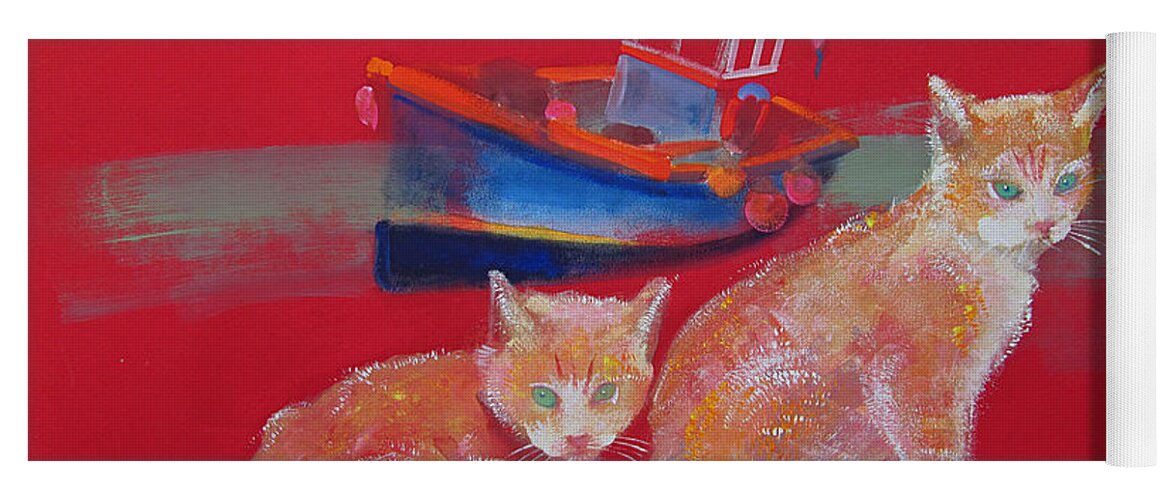 Kittens Yoga Mat featuring the painting Kittens With Boat by Charles Stuart