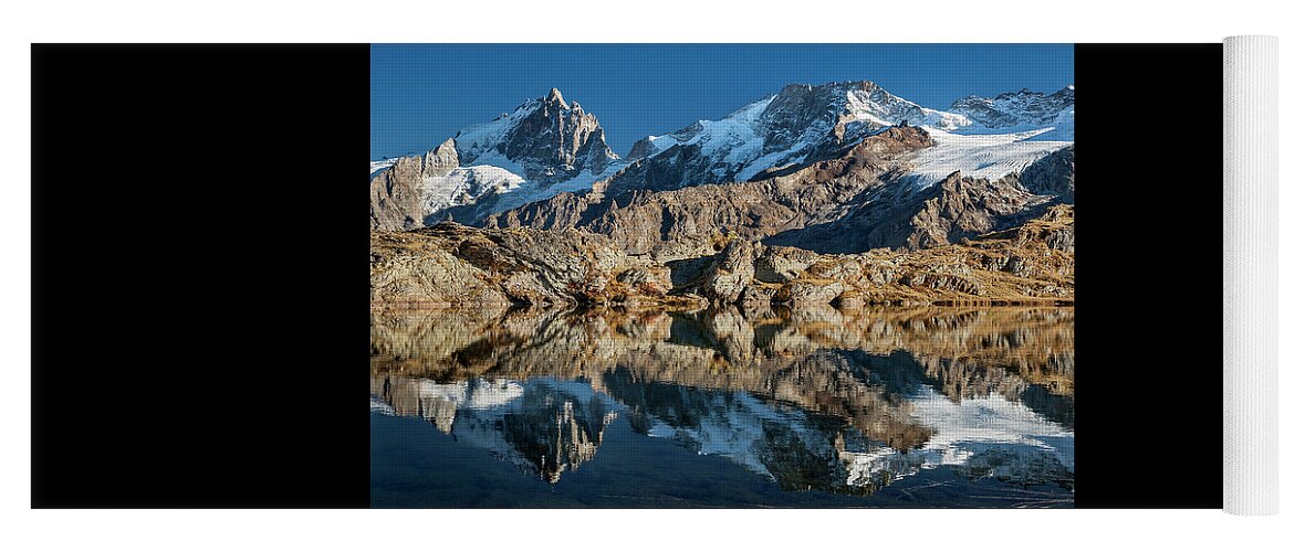 Lake Yoga Mat featuring the photograph La Meije peak mirrored in Lake Lerie by Olivier Parent