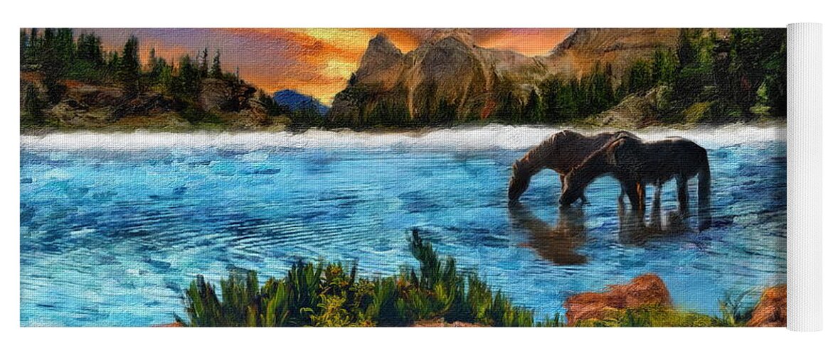 Horse Yoga Mat featuring the digital art Lake Mountains at Sunset by Russ Harris
