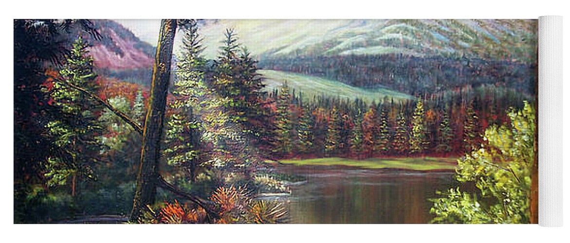 Trees Yoga Mat featuring the painting Landscape-lake and trees by Loxi Sibley