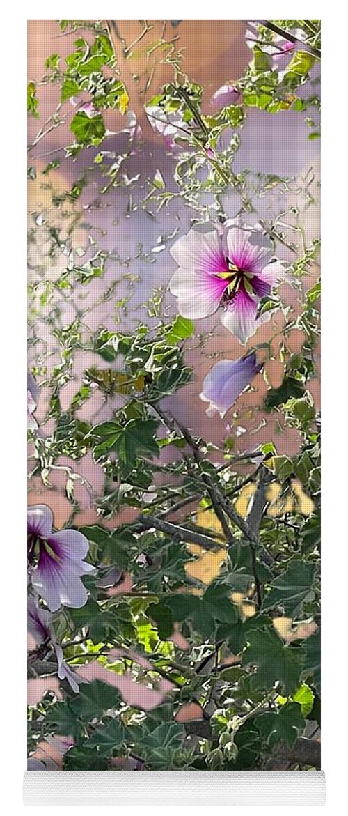 Lavender Purple Green Yellow Ivory Yoga Mat featuring the digital art Lavender Hibiscus with bokeh background by Kathleen Boyles