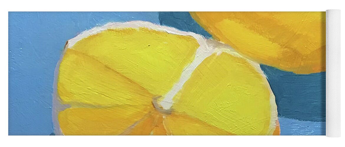 Lemon Yoga Mat featuring the painting Lemons on Blue by Anne Marie Brown