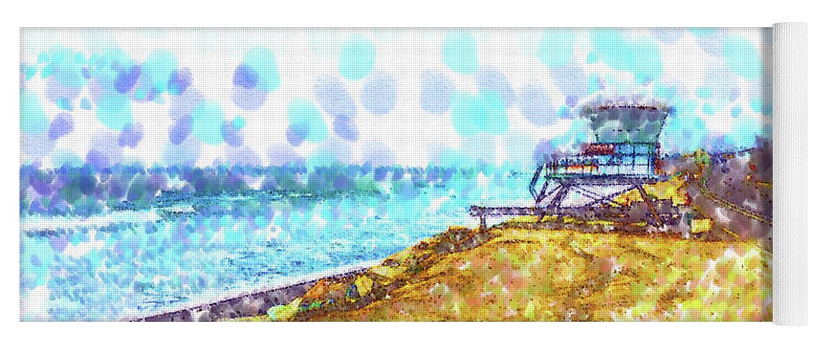 Pointillism Yoga Mat featuring the digital art Life Guard Station On A Lonely Beach by Kirt Tisdale