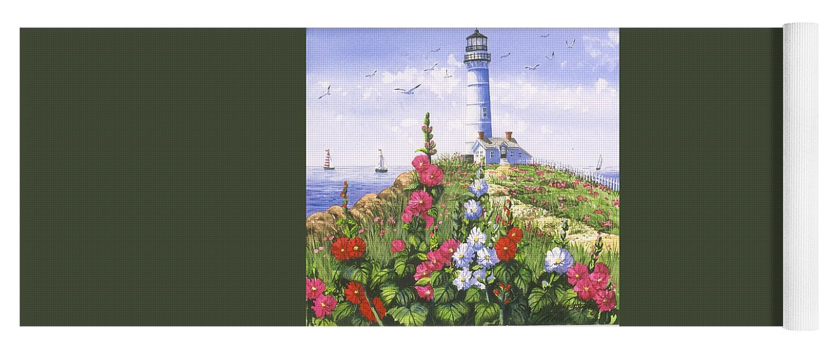 Lighthouse Yoga Mat featuring the painting Lighthouse and Hollyhocks by Diane Phalen
