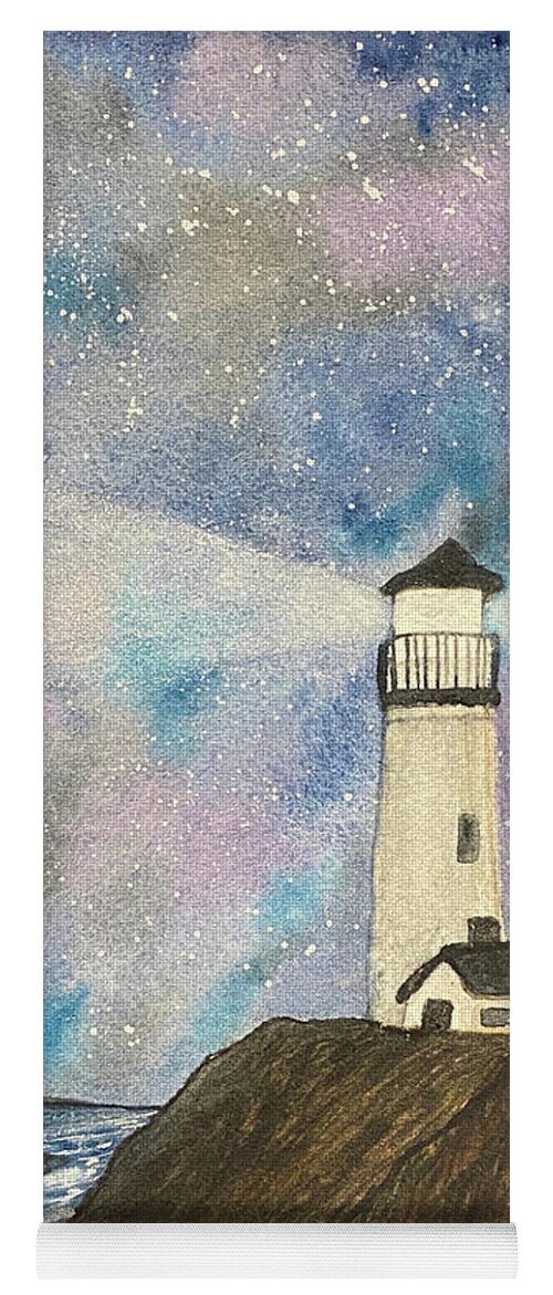 Lighthouse Yoga Mat featuring the painting Lighthouse at Night by Lisa Neuman