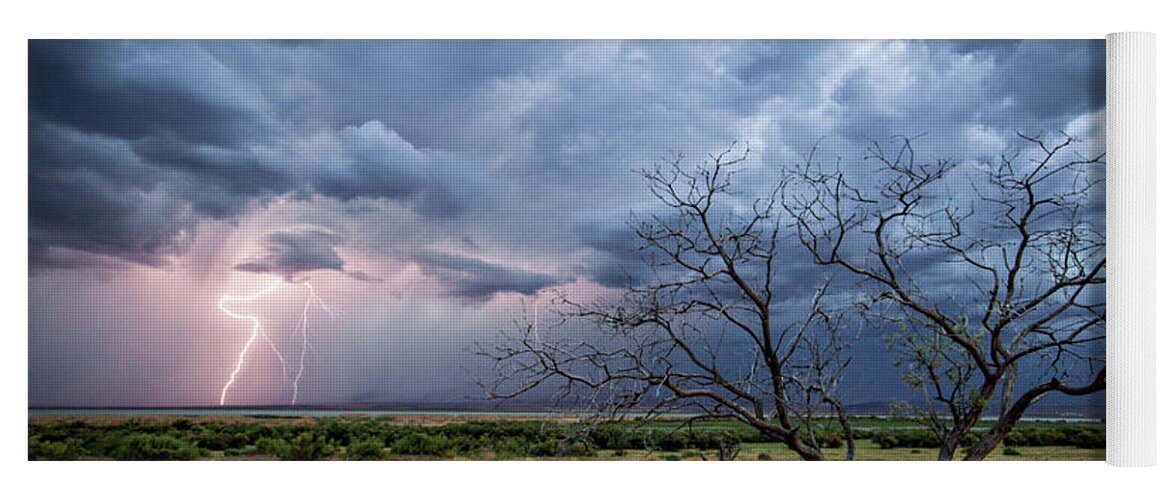 Storm Yoga Mat featuring the photograph Lightning Strike with Tree by Wesley Aston