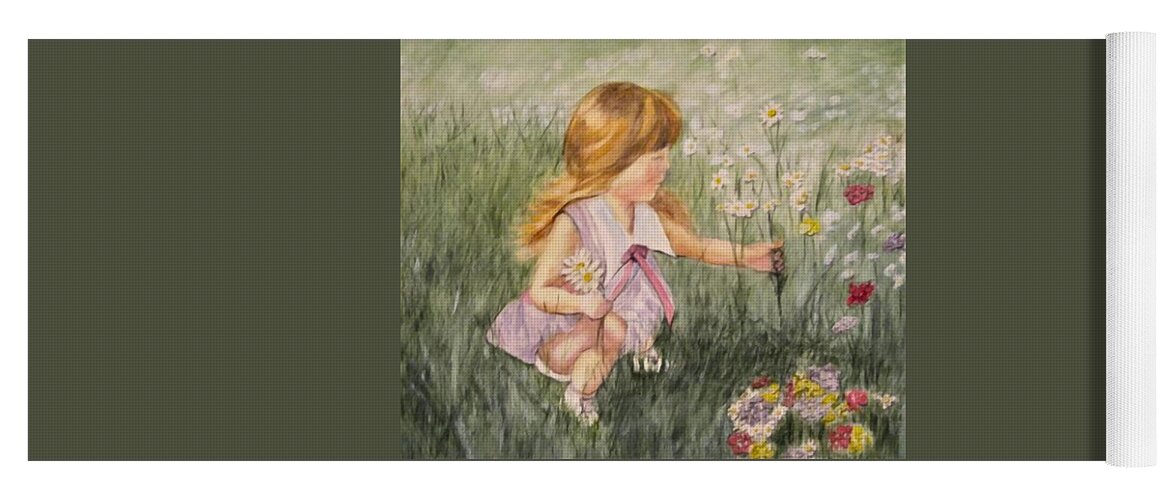 Little Girl Painting Yoga Mat featuring the mixed media Little Girl Picking Flowers by Kelly Mills