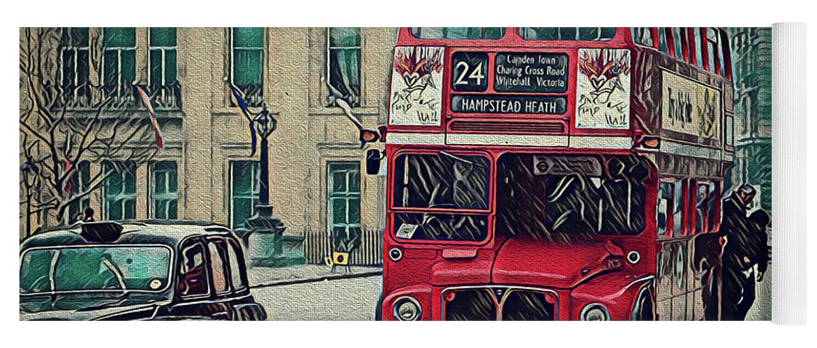 Double Decker Bus Yoga Mat featuring the digital art London Bus and Taxi by Jim Mathis