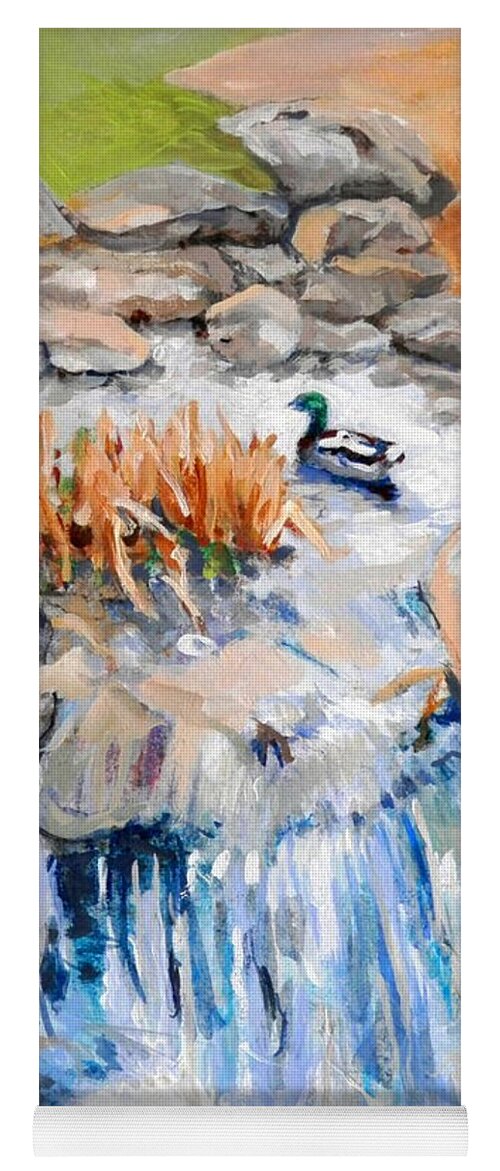 Duck Waterfall Rocks  Grasses Yoga Mat featuring the painting Lone Duck by Martha Tisdale