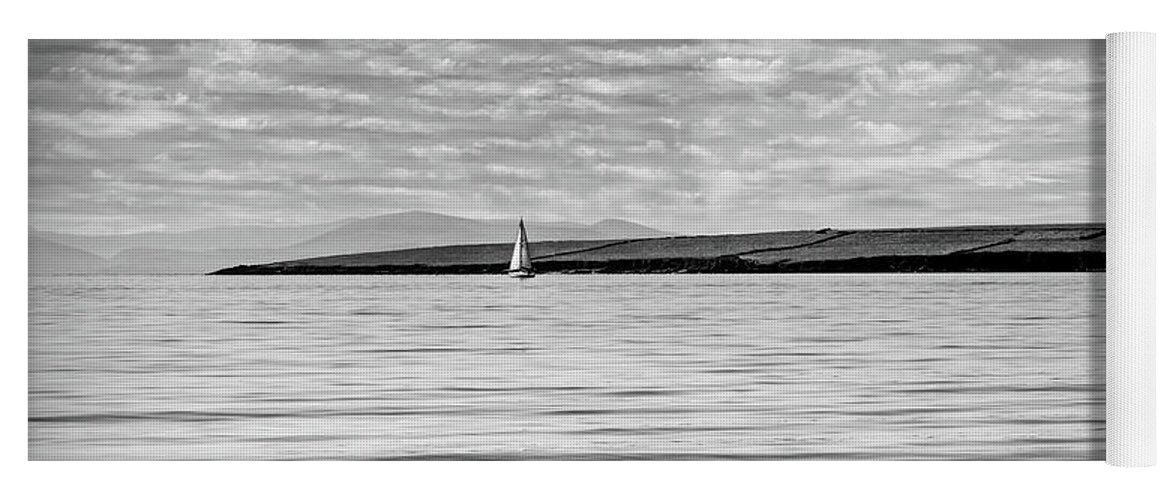 Boats Yoga Mat featuring the photograph Lone White Sailboat in Ireland in Black and White by Debra and Dave Vanderlaan