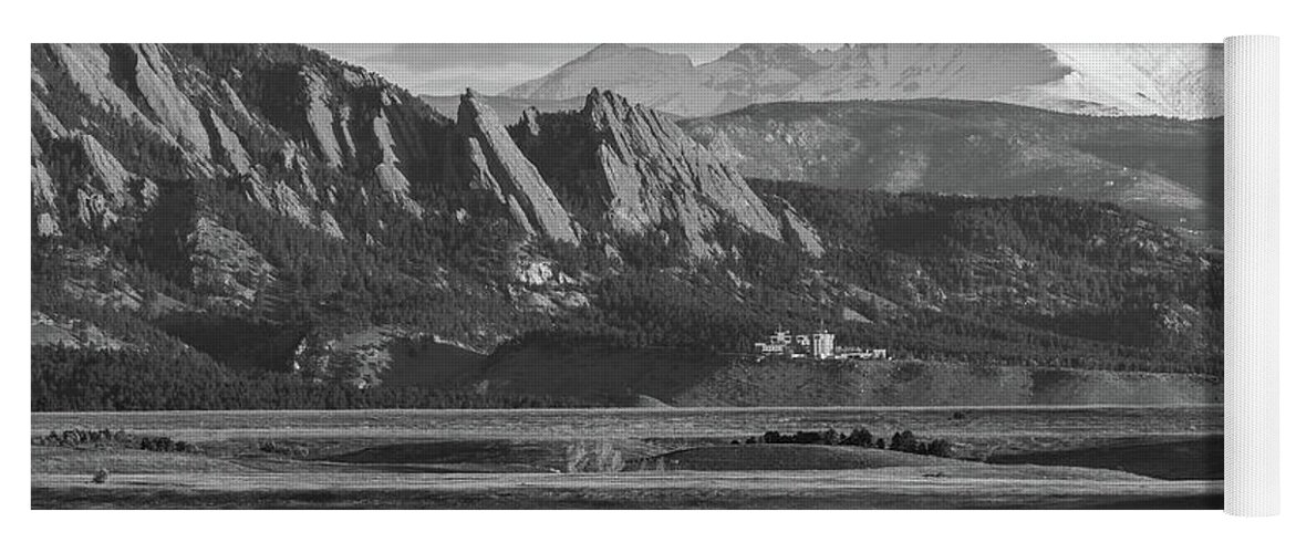 Longs Peak Yoga Mat featuring the photograph Longs Peak and the Flatirons Black and White by Aaron Spong