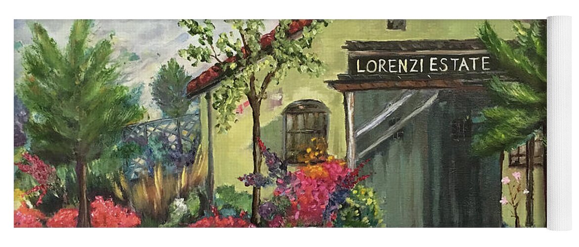 Lorenzi Yoga Mat featuring the painting Lorenzi Estate Winery by Roxy Rich