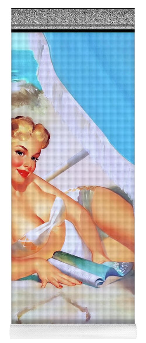 Love At The Beach Yoga Mat featuring the painting Love At The Beach by Edward Runci Vintage Pin-Up Girl Art by Rolando Burbon