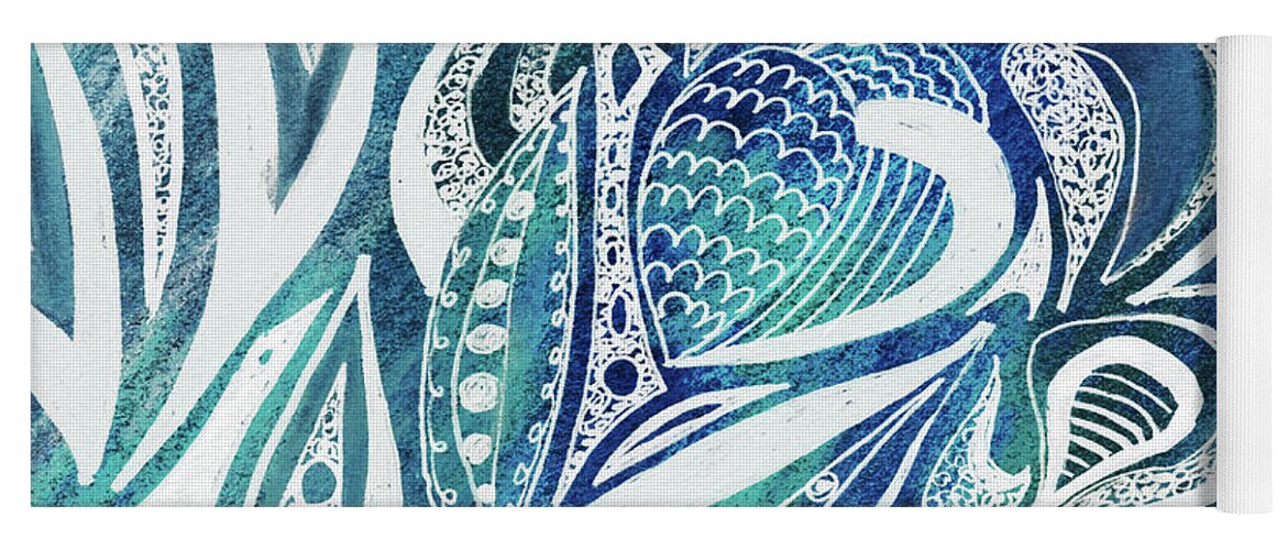 Floral Pattern Yoga Mat featuring the painting Magical Floral Leaves Berries Seeds Pattern Cool Teal Blue Design III by Irina Sztukowski
