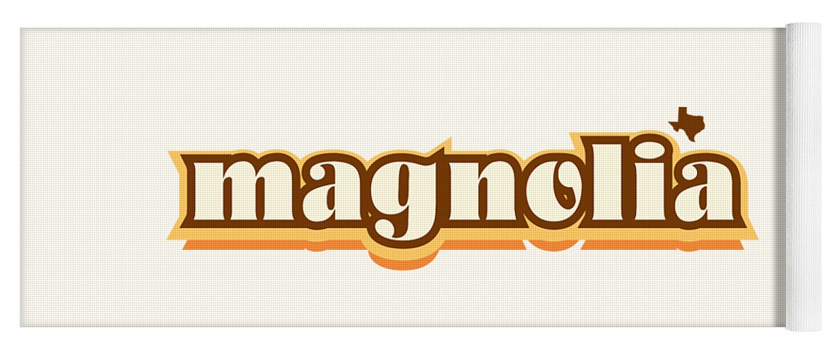 Jan M Stephenson Designs Yoga Mat featuring the digital art Magnolia Texas - Retro Name Design, Southeast Texas, Yellow, Brown, Orange by Jan M Stephenson