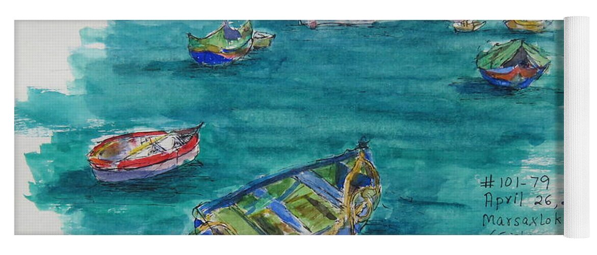 Pen And Ink Yoga Mat featuring the painting Malta - Fishing Village by Vanaja's Fine-Art