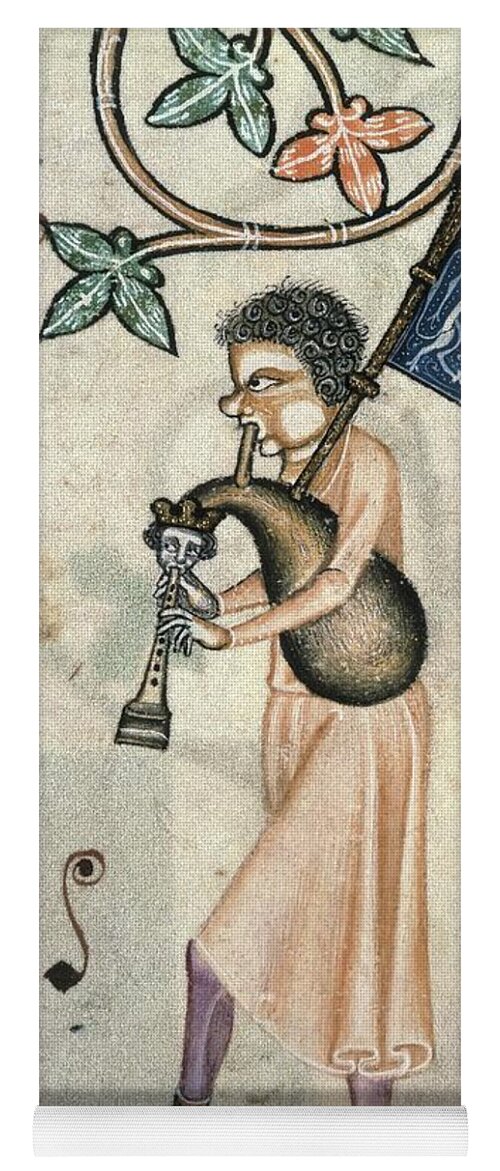 Bagpipes Yoga Mat featuring the painting Man playing bagpipes from the Lutrell Psalter.English manuscript c. 1340. by Album