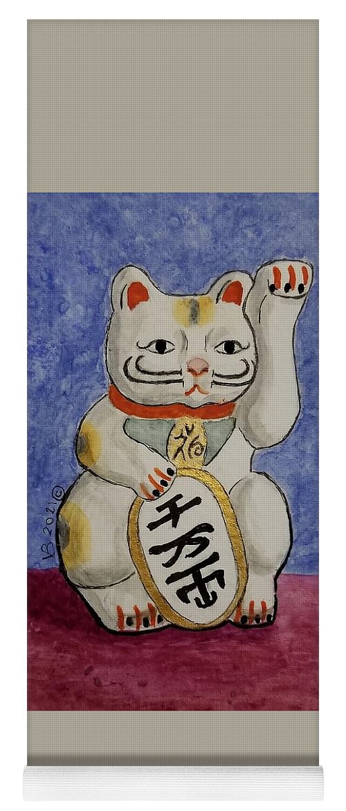 Japanese Cat Yoga Mat featuring the painting Maneki Neko Beckoning Cat by Vera Smith