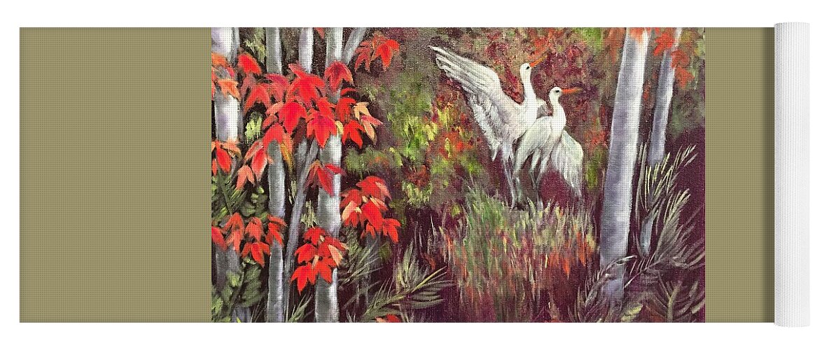 Cranes Yoga Mat featuring the painting Maple Wonderland by Vina Yang