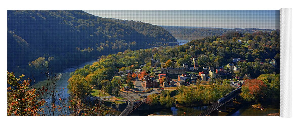 Maryland Heights View Of Harpers Ferry Yoga Mat featuring the photograph Maryland Heights View of Harpers Ferry, WV with Amtrak in Town by Raymond Salani III