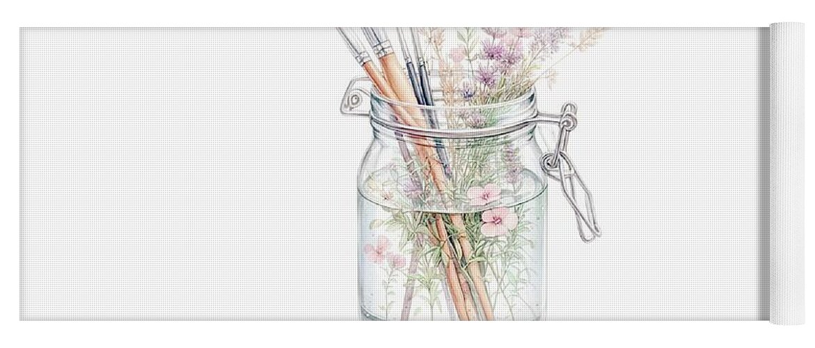 Watercolor Yoga Mat featuring the digital art Mason Jar Wildflower Vase by Robin Dickinson