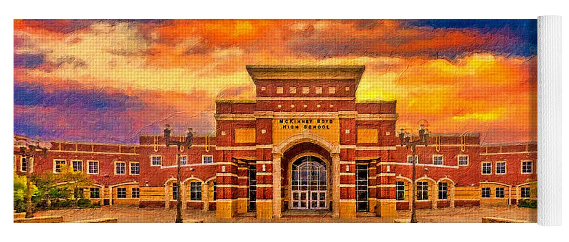 Mckinney Boyd High School Yoga Mat featuring the digital art McKinney Boyd High School at sunset - digital painting by Nicko Prints