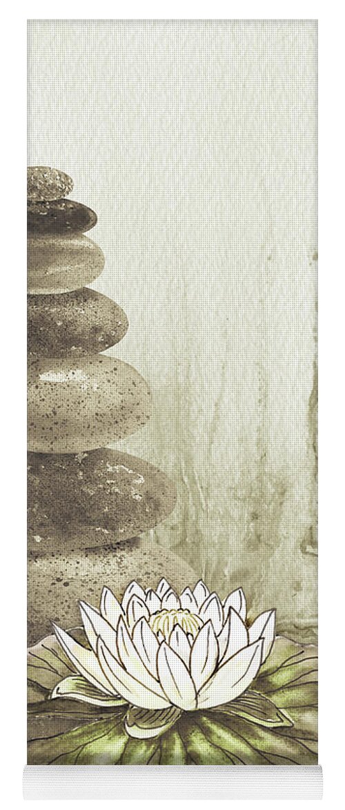 Zen Rocks Yoga Mat featuring the painting Meditative Calm And Peaceful Relaxing Zen Rocks Cairn Spa Collection With Flower Watercolor III by Irina Sztukowski
