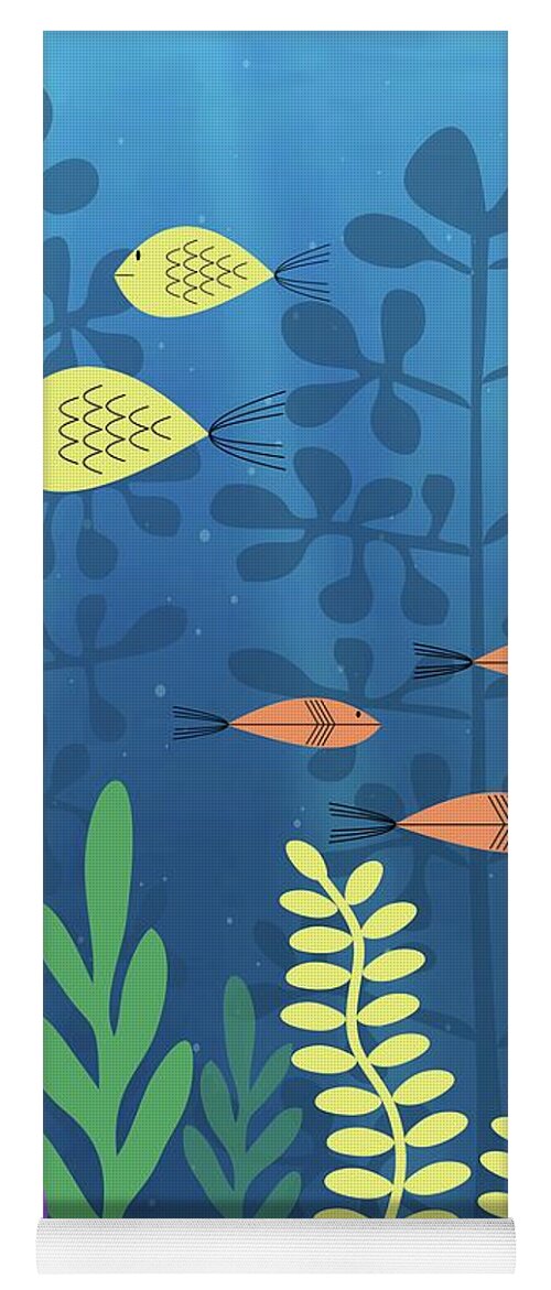 Mid Century Fish Yoga Mat featuring the digital art Mid Century Aquarium Blue by Donna Mibus