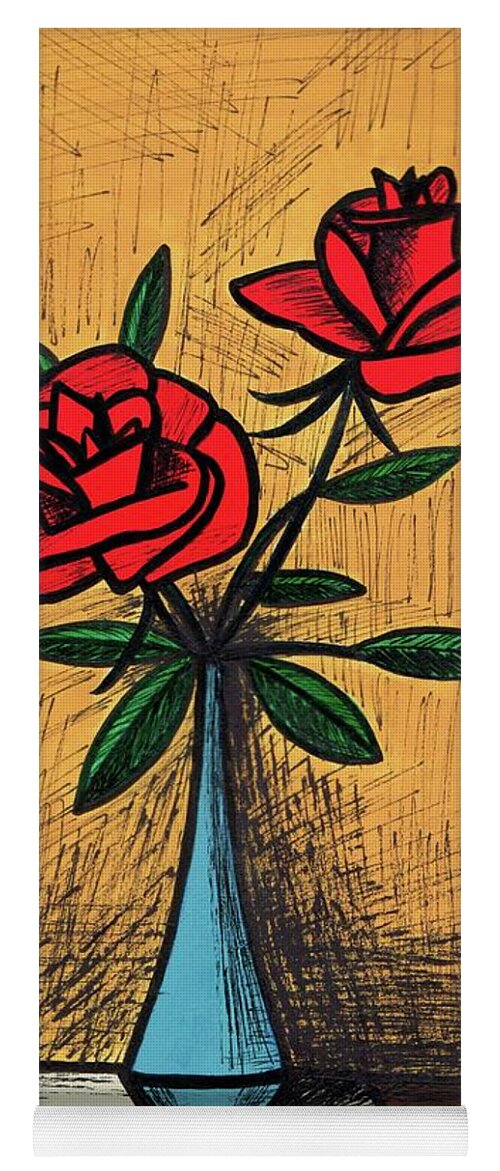 Mid Century Modern Still Life Yoga Mat featuring the painting Mid Century Blue Vase with Red Roses Still Life by Donna Mibus
