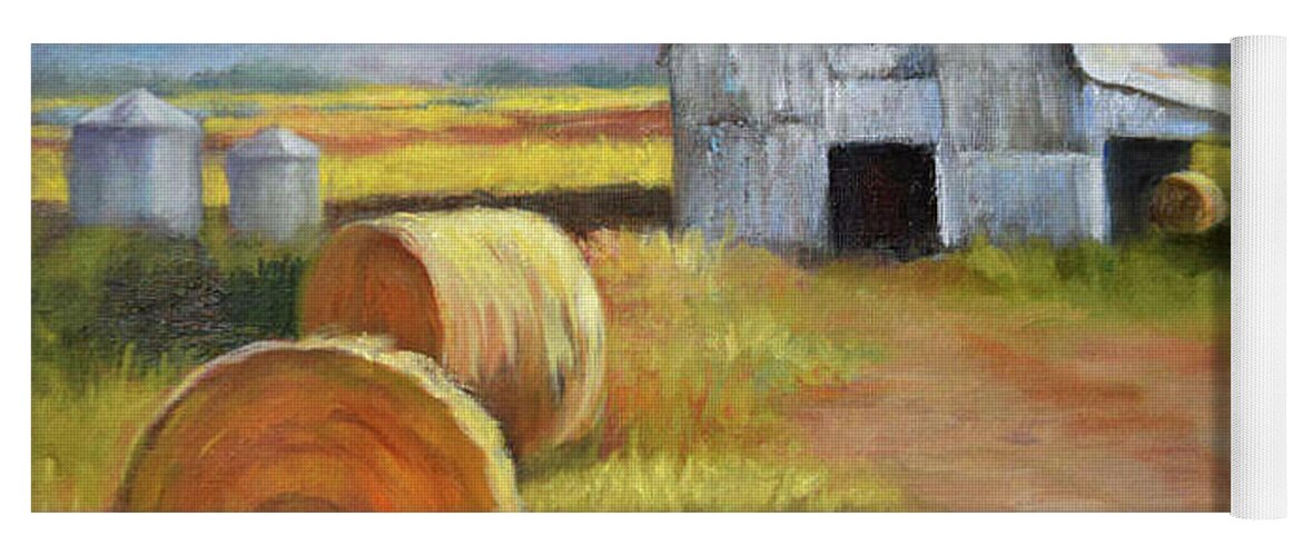 Country Landscape Yoga Mat featuring the painting Midway Farm Barn and Haybales by Cheri Wollenberg by Cheri Wollenberg
