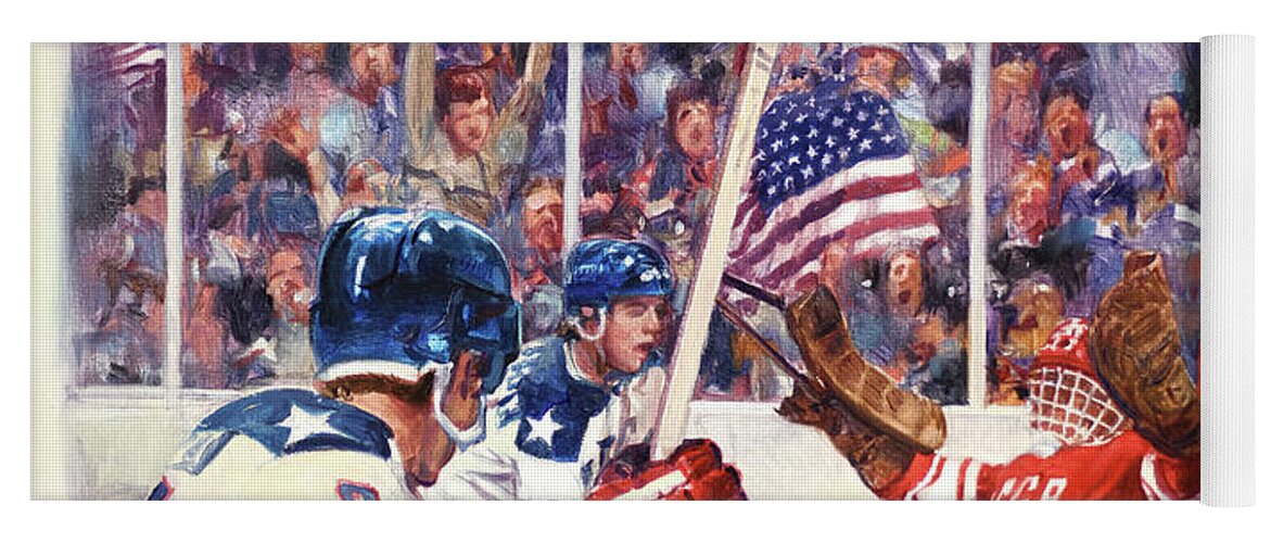 Dennis Lyall Yoga Mat featuring the painting Miracle On Ice - USA Olympic Hockey Wins Over USSR by Dennis Lyall