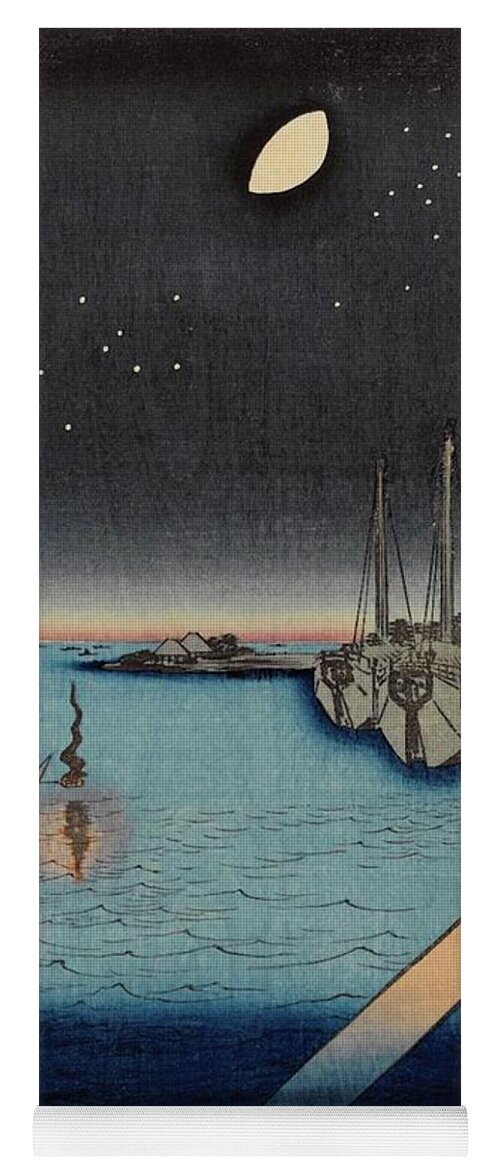 Evening Yoga Mat featuring the digital art Moon Over the City Port, Japan Art by Long Shot