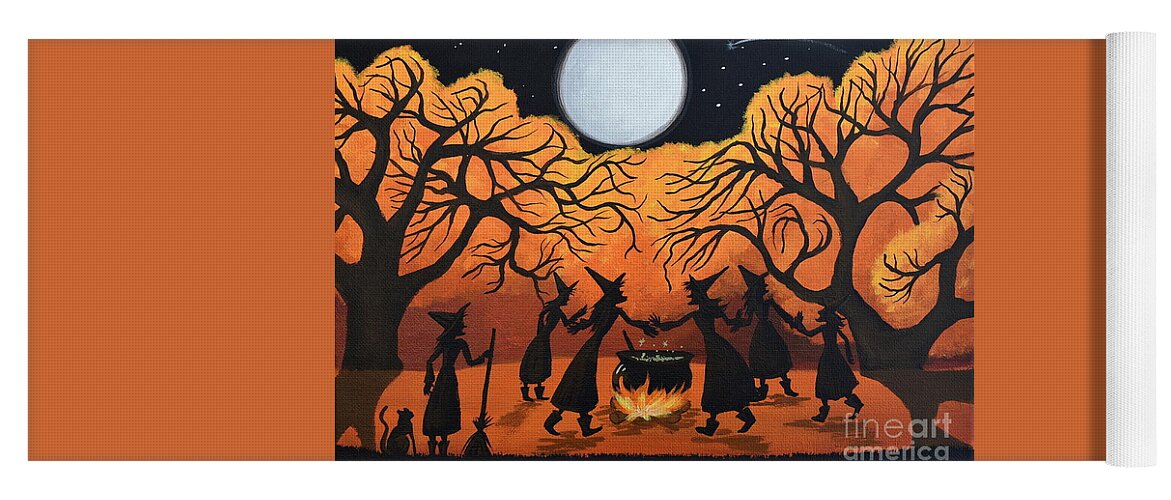 Witch Yoga Mat featuring the painting Moonlight Ritual  witch cat spell by Debbie Criswell
