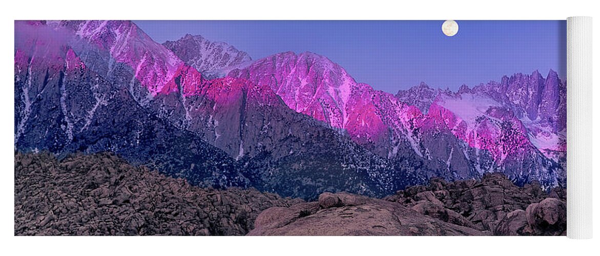 Moon Yoga Mat featuring the photograph Moonset At Dawn Eastern Sierras Alabama Hills California by Dave Welling