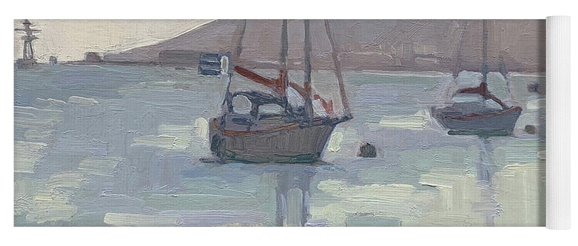Moored Boats Yoga Mat featuring the painting Moored off Shelter Island, Point Loma, San Diego by Paul Strahm