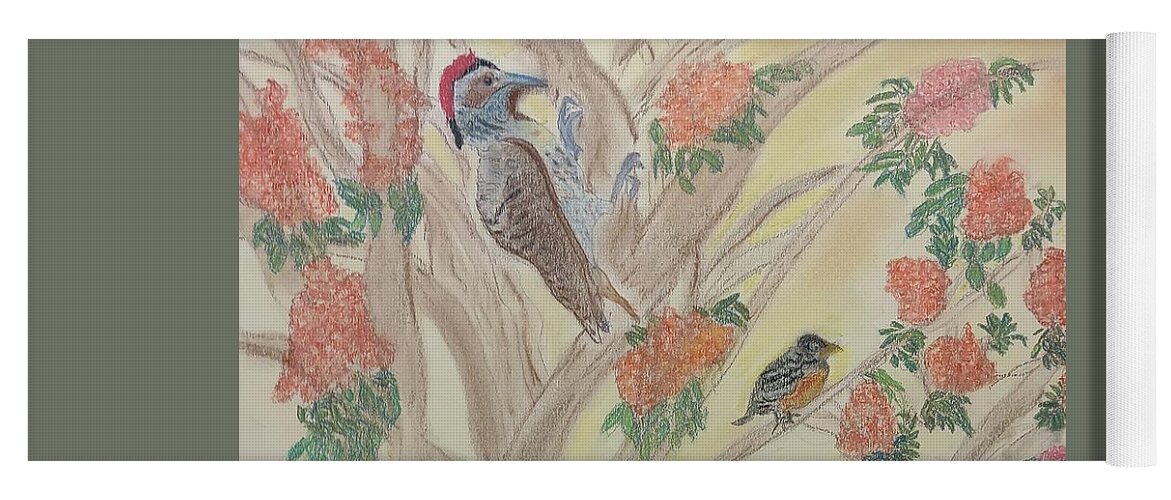 Woodpecker Yoga Mat featuring the pastel Morning Sounds by Suzanne Berthier