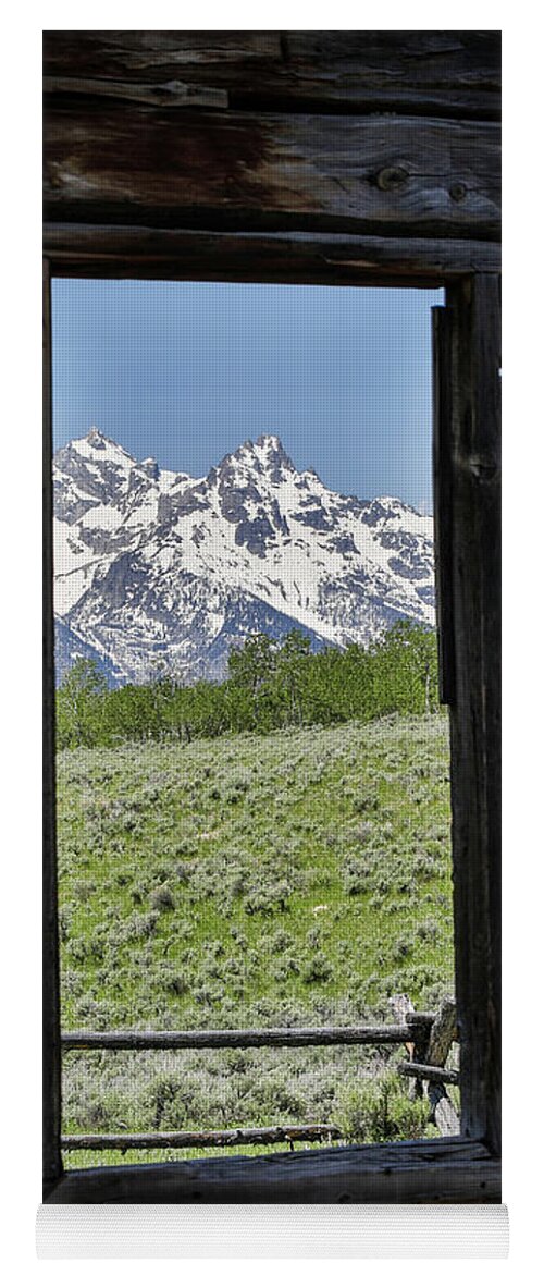 Barn Window Mountain View Yoga Mat featuring the photograph Mountains Through Cabin Window by Dan Sproul