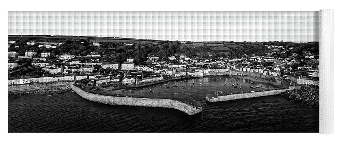 Coast Yoga Mat featuring the photograph Mousehole Fishing Village Harbour Aerial black and white 2 by Sonny Ryse