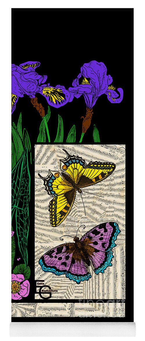 Musical Art Yoga Mat featuring the mixed media Musical art Musical score Music collage style Art Nouveau irises water lilies butterflies on a black by Elena Gantchikova