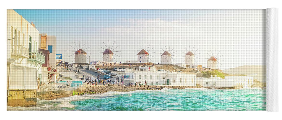 Aegean Yoga Mat featuring the photograph Mykonos Windmills by Anastasy Yarmolovich